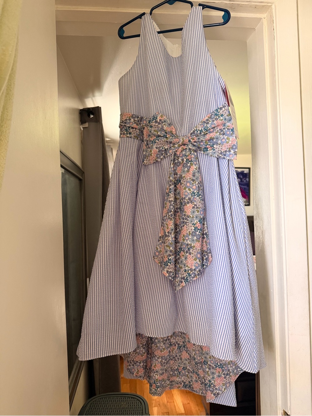 Rare Editions Dress Girls 12 Blue White Striped Seersucker Floral Bow Tie Waist